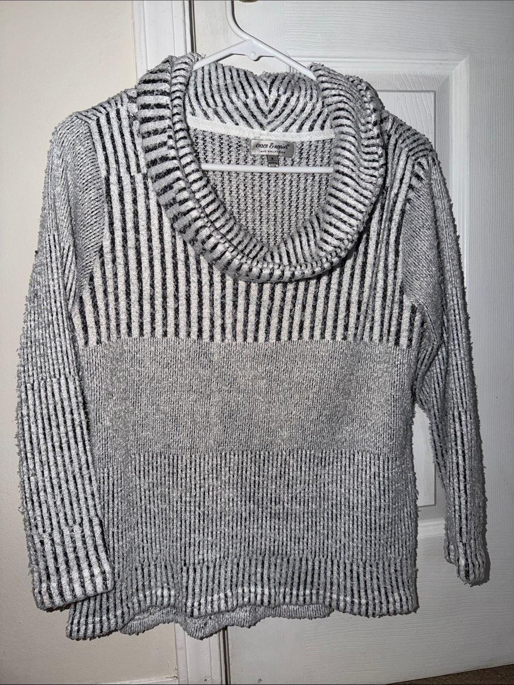 Cozy Gray Striped Cowl Neck Sweater